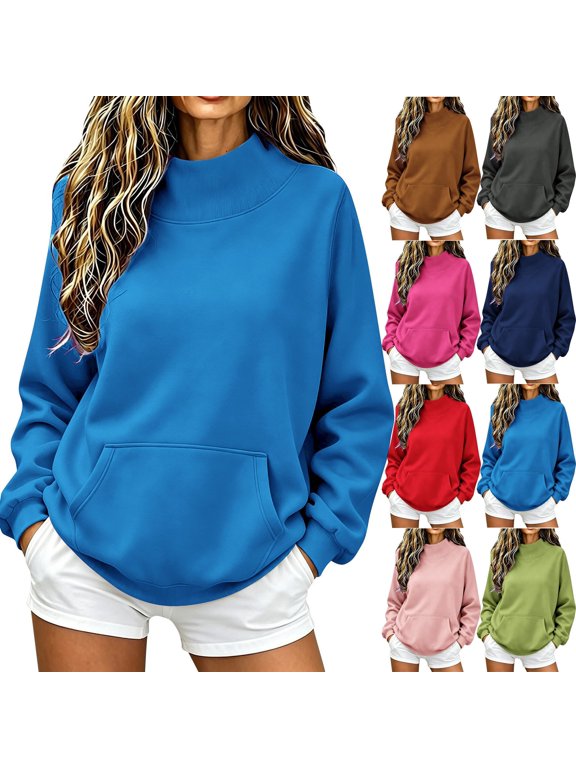 Women Mock Neck Pullover Sweatshirt Plus Size Sweatshirt Fall Sweatshirts Soft Sweatshirts Woman Fall Outfit Clothes for College Students Ladies Sweatshirts,Blue,L