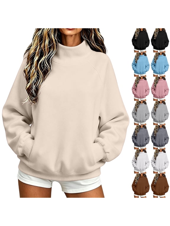 Women Mock Neck Raglan Sweatshirt Sevevn Long Sleeve Side Pocket Solid Oversized Casual Pullover Tops