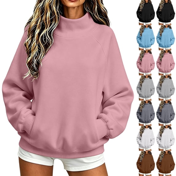 Women Mock Neck Raglan Sweatshirt Sevevn Long Sleeve Side Pocket Solid Oversized Casual Pullover Tops