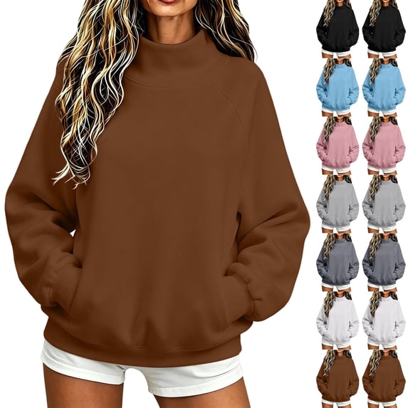 Women Mock Neck Raglan Sweatshirt Sevevn Long Sleeve Side Pocket Solid Oversized Casual Pullover Tops