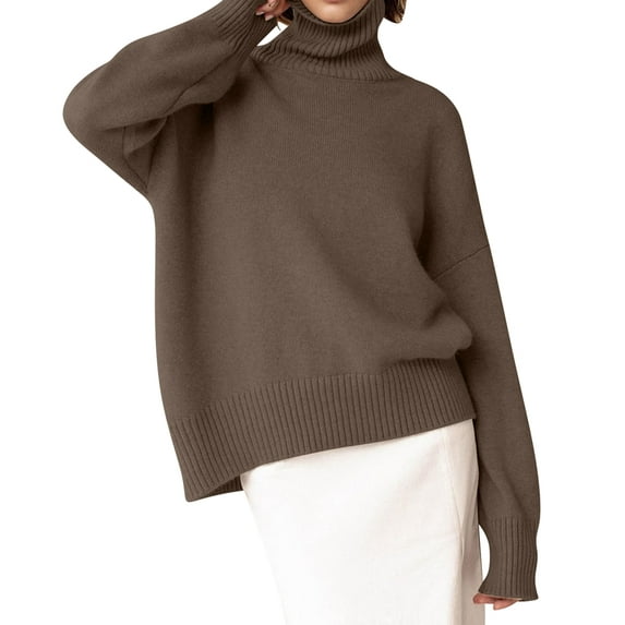 Women Mock Neck Sweater Chunky Long Sleeve Knitted High Low Hem Trendy Fall Winter Jumper Top Camel Color One size