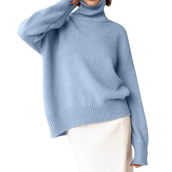 Women Mock Neck Sweater Chunky Long Sleeve Knitted High Low Hem Trendy Fall Winter Jumper Top Cyan One size