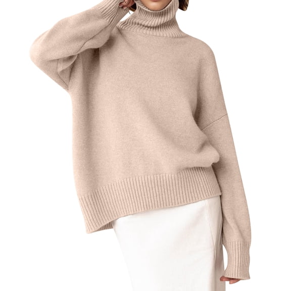 Women Mock Neck Sweater Chunky Long Sleeve Knitted High Low Hem Trendy Fall Winter Jumper Top Light Khaki One size