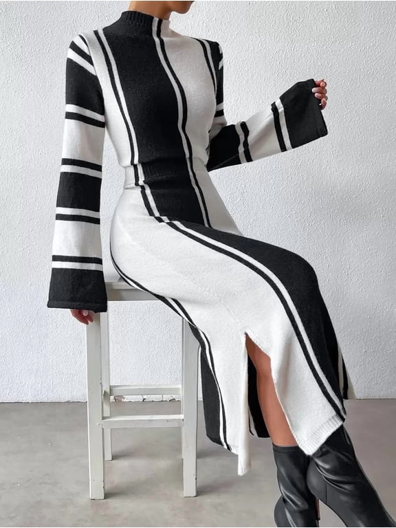 Women Mock Neck Sweater Midi Dress, Flare Long Sleeve Bodycon Dress with Side Split Hem