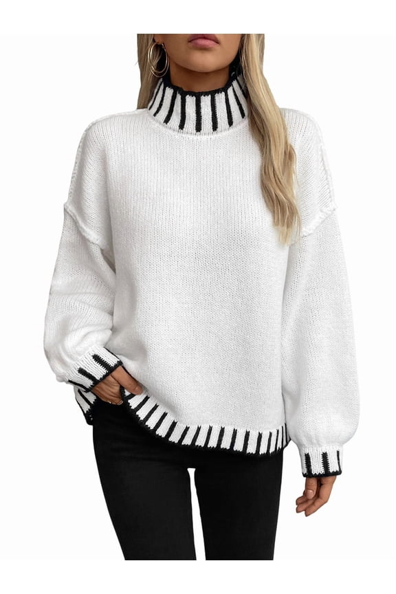 Women Mock Sweater Pullover Knitted Striped Cable Knit Fall Winter Long Sleeve Fashion Blouse Cream White S