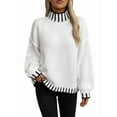 thumbnail image 1 of Women Mock Sweater Pullover Knitted Striped Cable Knit Fall Winter Long Sleeve Fashion Blouse Cream White XL, 1 of 8