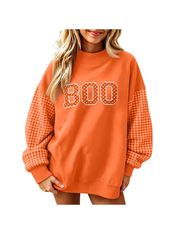 Women Mockneck Sweatshirt Y2k Polka Dot Long Sleeve Pullover Top | Preppy Oversized Graphic Loose Sweatshirt, Color Block, Patchwork Polka Dot and Plaid, Turtleneck Orange M
