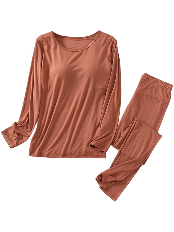 Women Modal Cotton Blend Two Piece Underscurb Pajama Set Crew Neck Long Sleeve Top with Shelf Built In Bra & Pants Sleepwear Fall Athleisure Loungewear, Brown, XXL