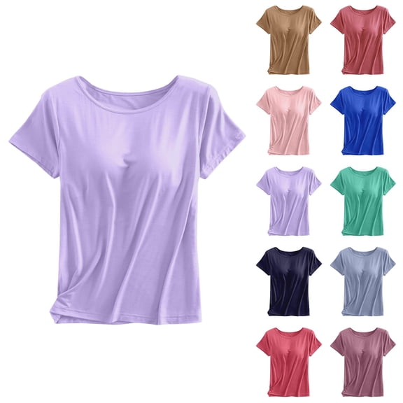 Women Short Sleeve T Shirt with Built-in Bra, Padded Wireless Cup Tee, Half Sleeve Tank Top No Bra Needed