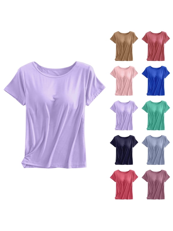 Women Short Sleeve T Shirt with Built-in Bra, Padded Wireless Cup Tee, Half Sleeve Tank Top No Bra Needed