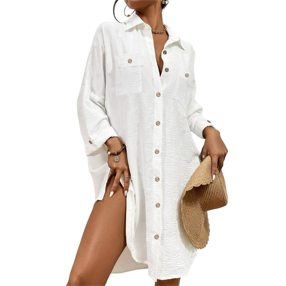 Women Modern Swimsuit Cover Up Blouse Button Down Shirt Dresses Tops White L
