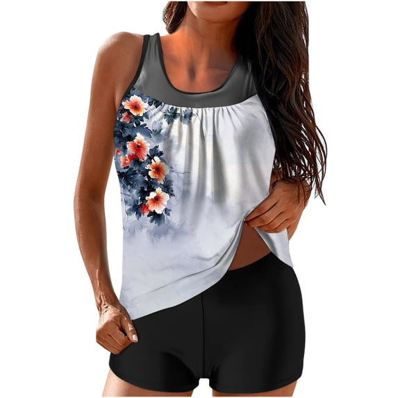 Women Modest Tankini Bathing Suits Slimming Tummy Control High Waisted Swimsuits 2 Piece,Womens Printed Swimwear with Shorts
