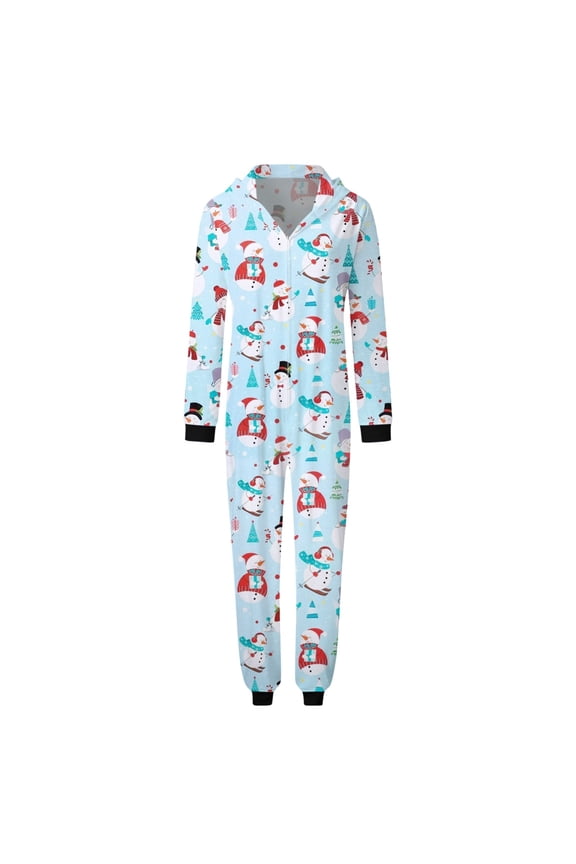 Women Mom Christmas Sets Light Blue Prints Hooded Zipper Jumpsuit Family Outfit Festive Pajama Sets