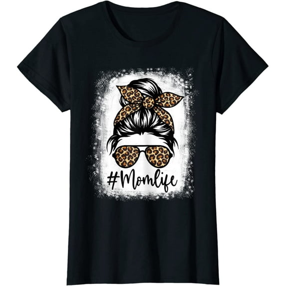 Women Mom Life Bleached Shirt Mom Life Leopard Messy Bun T-Shirt