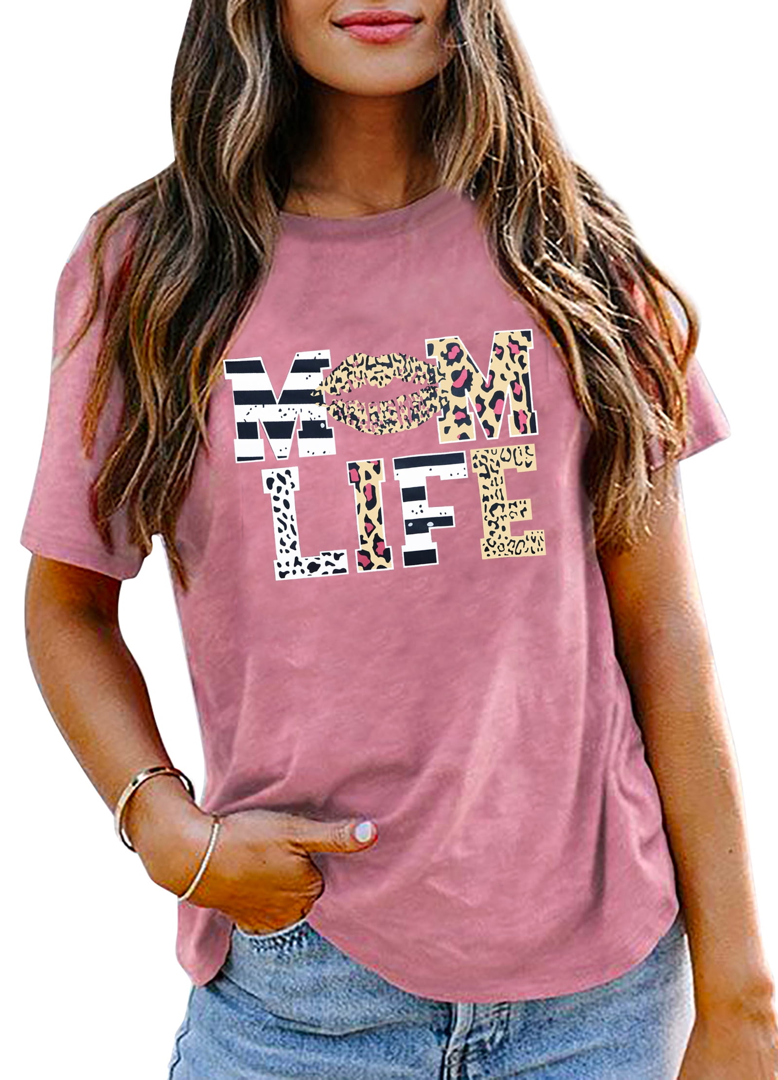 Women's Funny Mom Life Leopard Lips Graphic T-Shirt – Cute Letter Print Tee, Pink, Sizes S-2XL - View #5