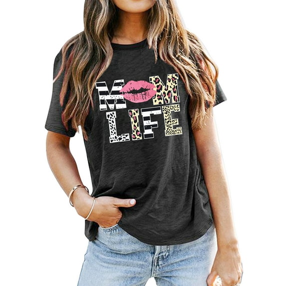 Women Mom Life T-Shirts Leopard Lips Stripe Graphic Shirts Funny Letter Printed Tee Tops Mother's Day Casual Blouse