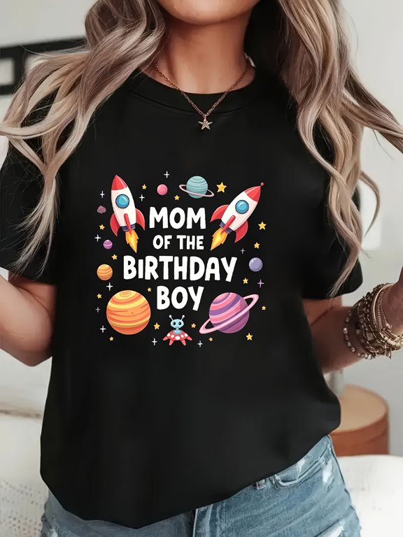 Women‑Mom Space Print T‑Shirt‑Birthday Mom, Short‑Sleeve Crew Neck Casual Top with Rocket and Planet Designs