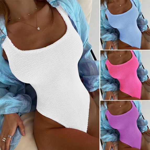 Women Monokini Elastic Solid Color Wave Stripe Soft Quick Dry Sleeveless Candy Color Slim Fit Breathable Padded Swimsuit Beachwear Clothes