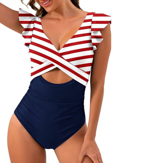Women Monokini Sexy Striped V Neck Flounce Sleeves High Waist Stretch Slim Fit Summer Women Bathing Suit Swimwear Beachwear
