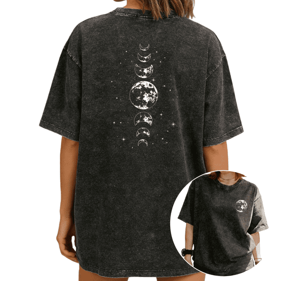 Women Moon Phases Celestial Graphic Tees T Shirt Tops Round Neck Printed Washed Cotton T Shirt Black S-2XL Plus Size