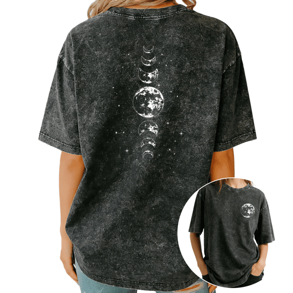 Women Moon Phases Celestial Graphic Tops Round Neck Printed Washed Cotton T-Shirt Black S-2XL Plus Size