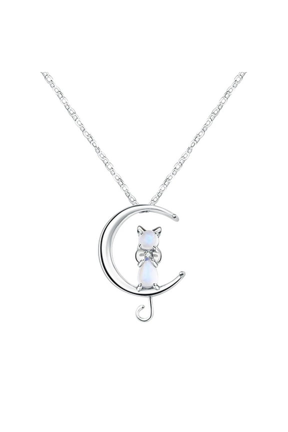 Women Moonstone Cat Pendant Chain Necklace 925 Sterling Jewellery Silver H5A5