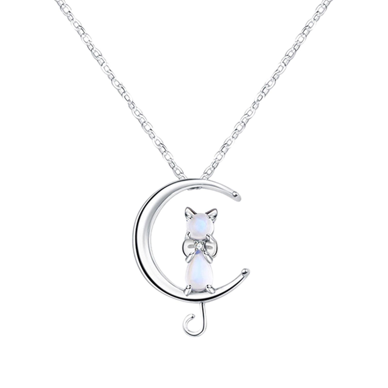 WAITLOVER Women Moonstone Cat Pendant Chain Necklace 925 Sterling Silver Jewellery C6P8
