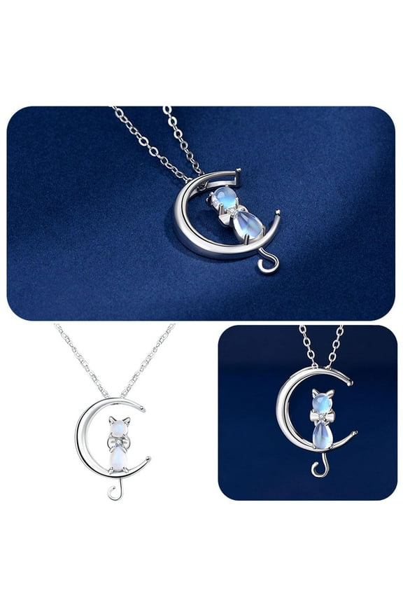 Women Moonstone Cat Pendant Chain Necklace Silver Jewellery Gift