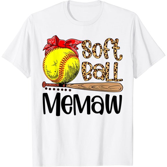 Women Mothers Day Softball Memaw Leopard T-Shirt Size S-5XL