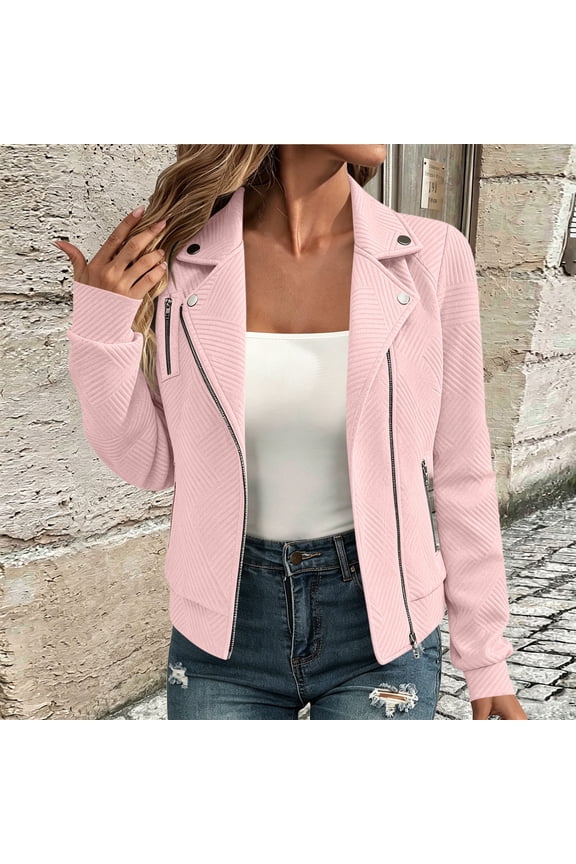 Women Moto Biker Jacket Asymmetric Zip Lapel Collar Slim Cropped Outerwear Coat for Street Daily Casual Wear S