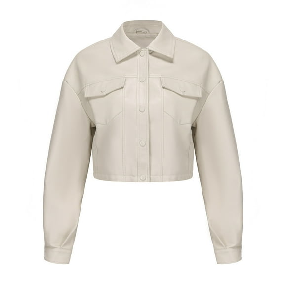 Women Motorcycle Coat Smooth Windproof Faux Leather Long Sleeves Single-breasted Short Type Pure Color Chest Pocket Slim Fit Jacket