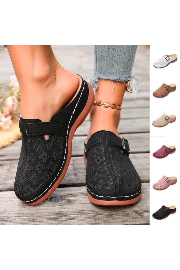 Women Mule Clogs Slip On Platform Wedge Mules for Women Round Closed Toe Floral Embroidery Hollow Cutout Faux Leather Adjustable Buckle Breathable Comfort Walking Mules Wide Width Large Sizes Women
