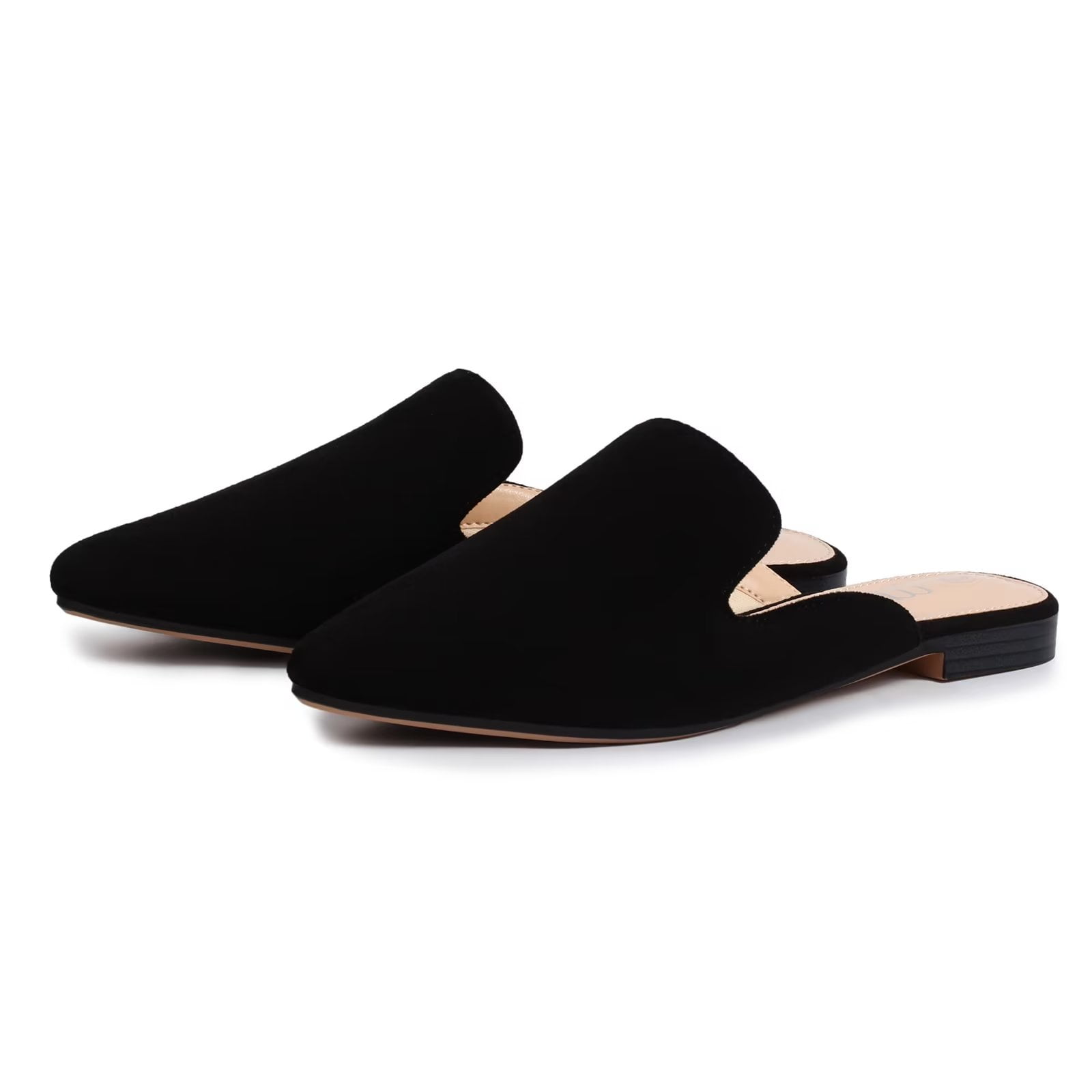 MUSSHOE Women's Pointed Toe Mules - Slip-On Backless Loafers, Black PU, Comfort Office Flats