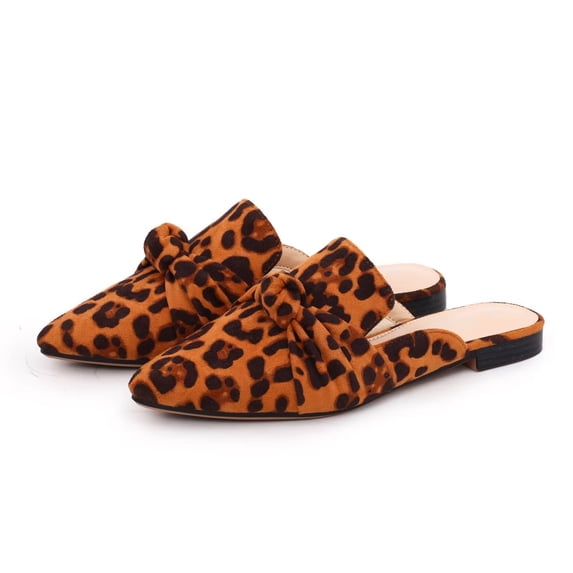 Women Mules Comfortable Slip On Pointed Toe Mules For Women Flats with Knot,Leopard 8.5