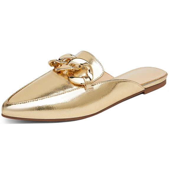 Women Mules Flats Pointed Toe Backless Loafers Slip on Metal Chain Slides