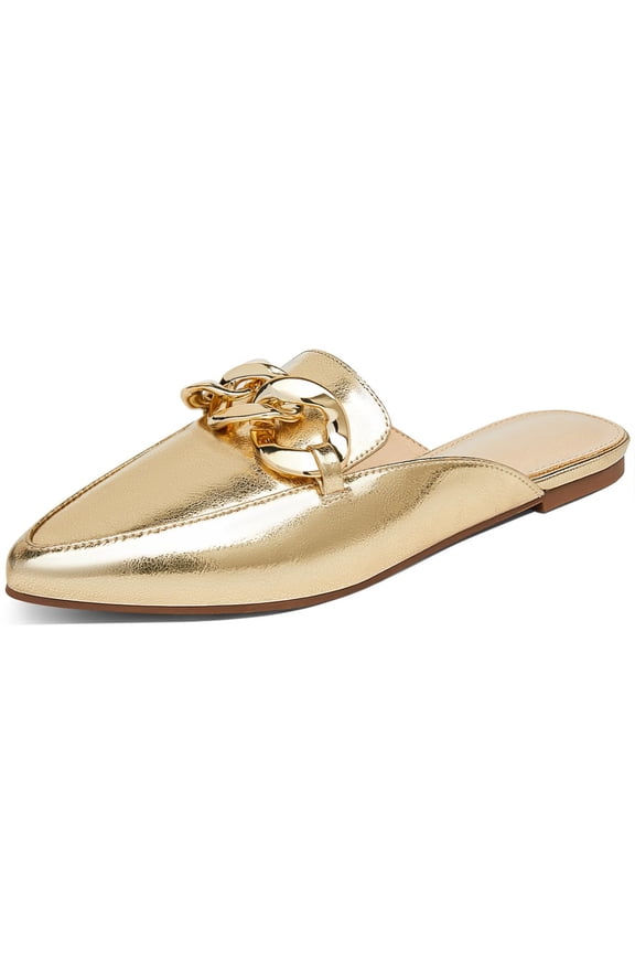 Women Mules Flats Pointed Toe Backless Loafers Slip on Metal Chain Slides