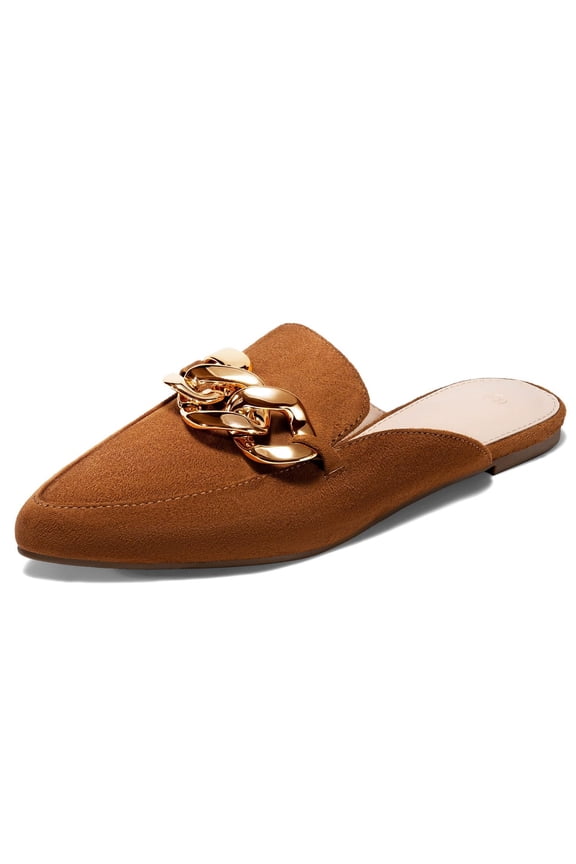 Women Mules Flats Pointed Toe Backless Loafers Slip on Metal Chain Slides