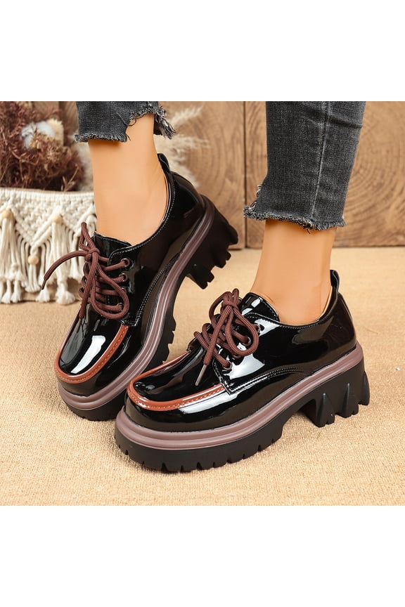 Women Multi-Layer Strap Gloss Lace Up Platform Loafers, Smooth Shiny Textile, Thick Cloud Cushion Insole, Deep Lug Anti Slip Outsole, Retro Preppy Silhouette for Campus Shopping Daily,Black 5.5