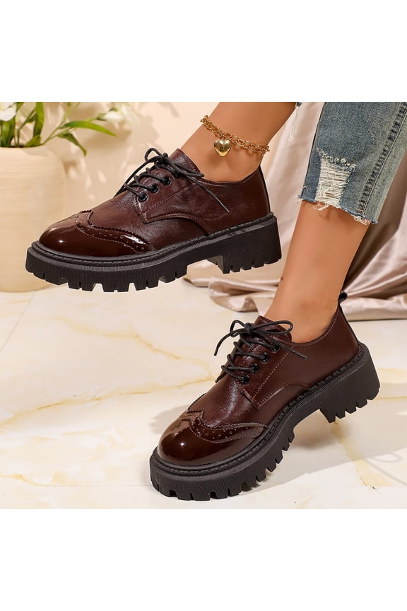 Women Multi-Layer Strap Gloss Lace Up Platform Loafers, Smooth Shiny Textile, Thick Cloud Cushion Insole, Deep Lug Anti Slip Outsole, Retro Preppy Silhouette for Campus Shopping Daily,Brown 5