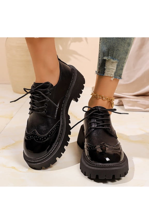 Women Multi-Layer Strap Gloss Lace Up Platform Loafers, Smooth Shiny Textile, Thick Cloud Cushion Insole, Deep Lug Anti Slip Outsole, Retro Preppy Silhouette for Campus Shopping Daily,Black 6