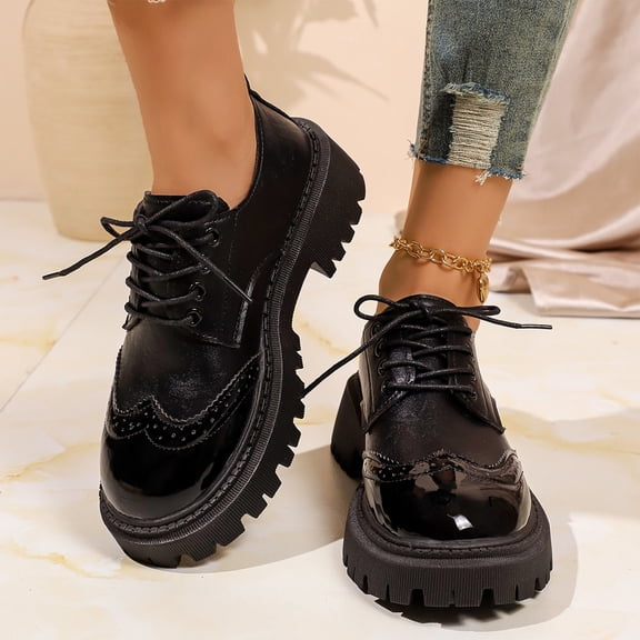 Women Multi-Layer Strap Gloss Lace Up Platform Loafers, Smooth Shiny Textile, Thick Cloud Cushion Insole, Deep Lug Anti Slip Outsole, Retro Preppy Silhouette for Campus Shopping Daily,Black 5