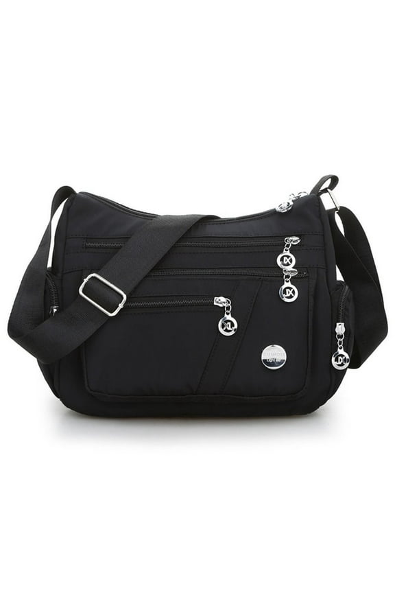 Women Multi Pockets Crossbody Bag Waterproof Nylon Single Shoulder Bag Travel Purses Handbags, Black