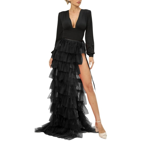 Women Multi-layer Tulle Tutu Long Skirt High Slit Ruffled Mesh Mopping Skirt for Cocktail Party