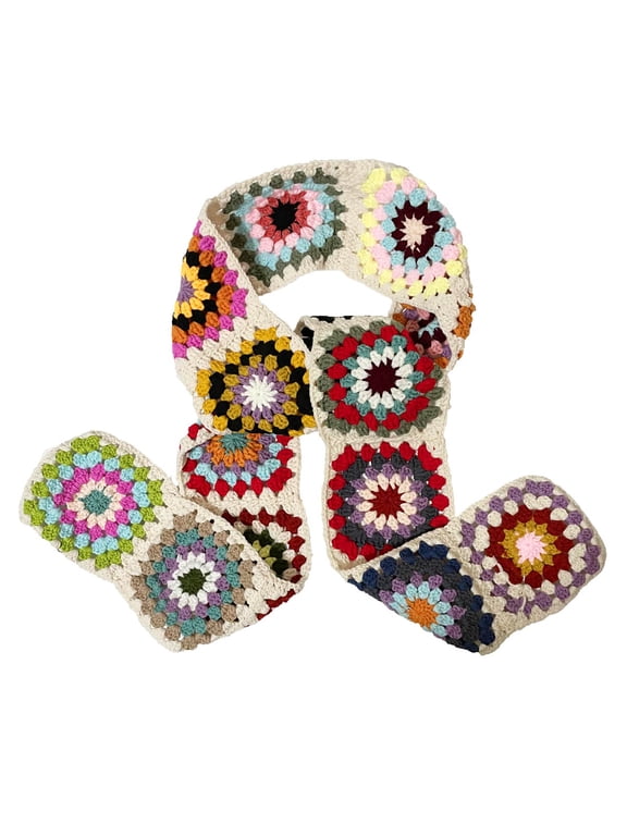 Women Multicolor Granny Square Crochet Scarf, Boho Retro Patchwork Vintage Scarf