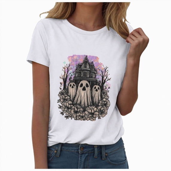 Women Multicolor Halloween Graphic Print Short Sleeve Crew Neck T-Shirt, Soft Loose Basic Casual Blouse Tops for Daily Autumn Wear and Holiday Party Dressing S White