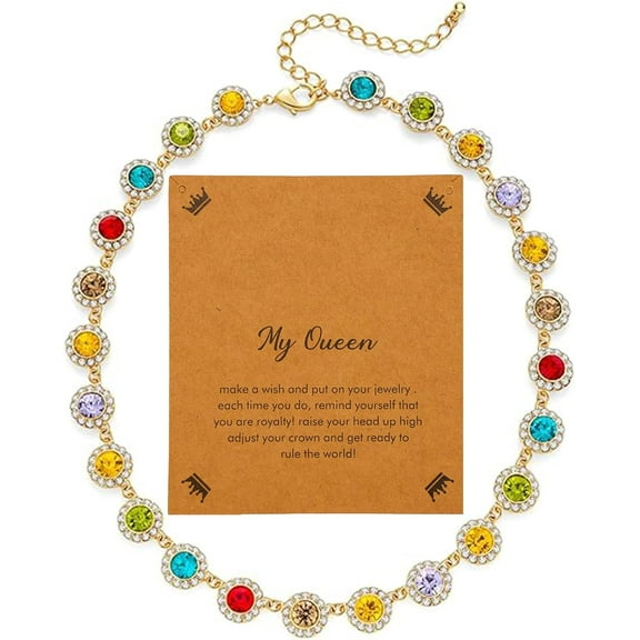 Women Multicolor Rhinestone Fine Choker Necklace 14K Gold Plated Variable Layered Chain Jewelry Rainbow Crystal Beaded Gift for Birthday Anniversary Party Everyday Wear[l202]