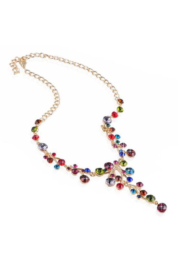 Women Multicolor Rhinestone Y-shaped Branch Bib Collar Chain Necklace