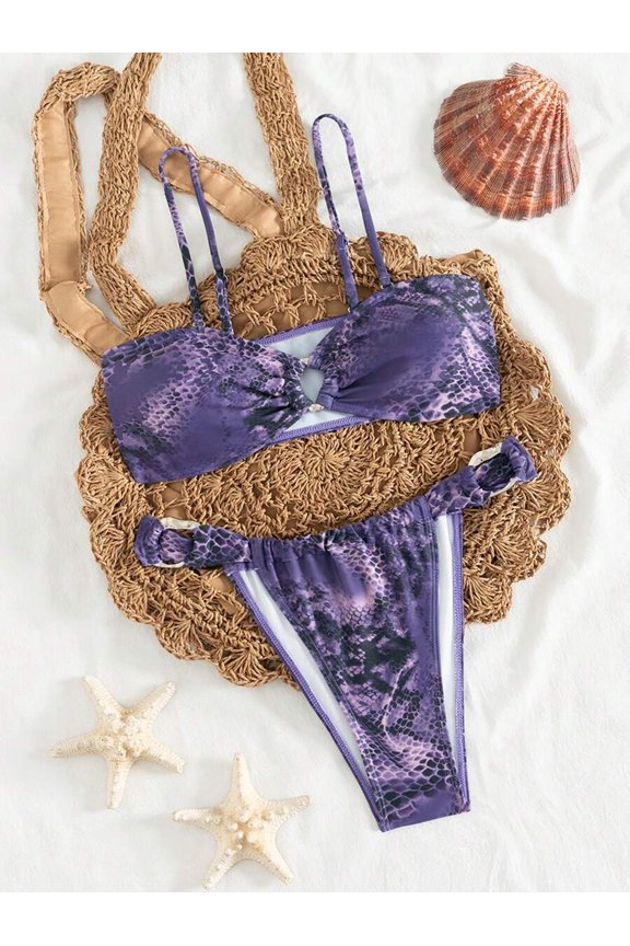 Women Multicolor Snake Skin Pattern Bikini Set With Tie Front Top And String Bottom