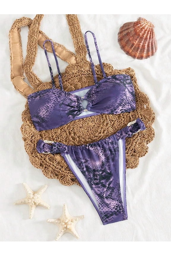 Women Multicolor Snake Skin Pattern Bikini Set With Tie Front Top And String Bottom