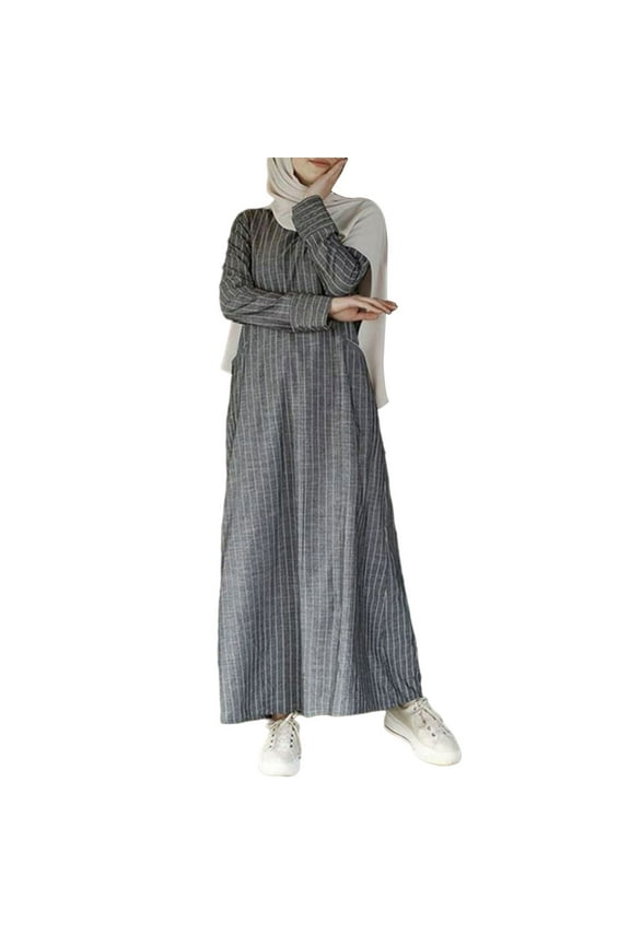 Women Muslim Cotton Linen A-Line Maxi Dress Long Sleeve Striped Print Vintage Abaya Turkey Hijab Robe Islamic Kaftan Gown with Pockets
